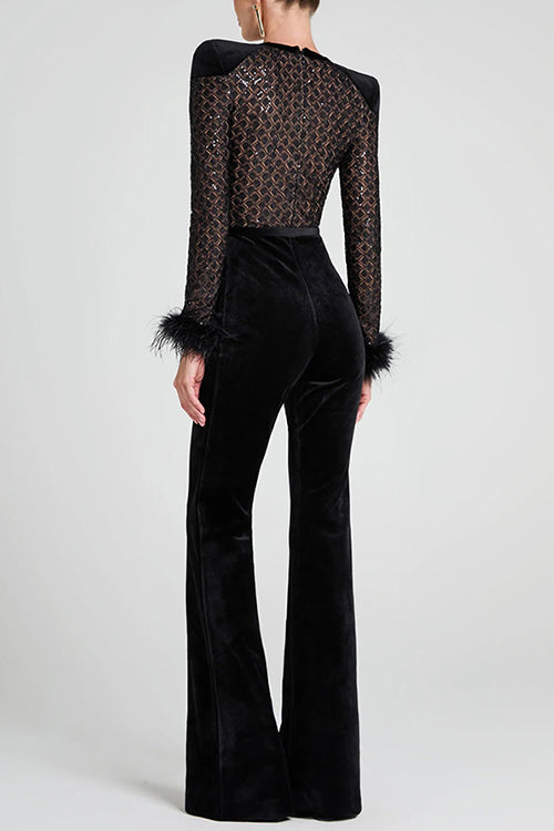 Margovil Feather Cuffs Bell Bottom Velvet Splice Jumpsuit