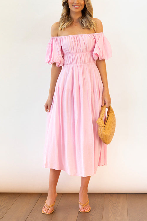 Margovil Off Shoulder Puff Sleeves Frilled Waist Midi Swing Dress