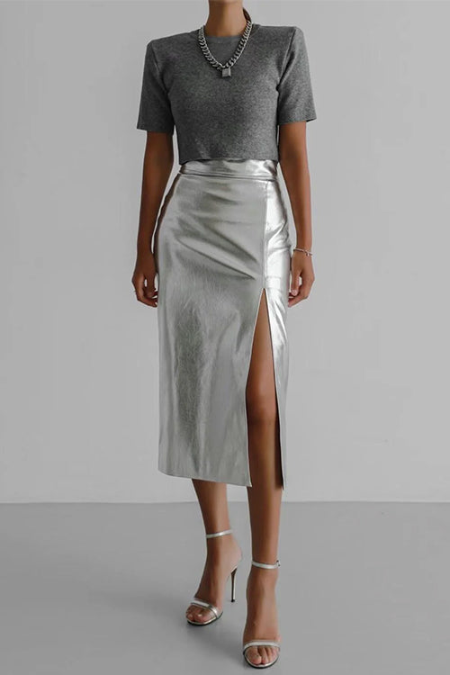 Margovil High Waist Slit Front Faux Leather Midi Skirt