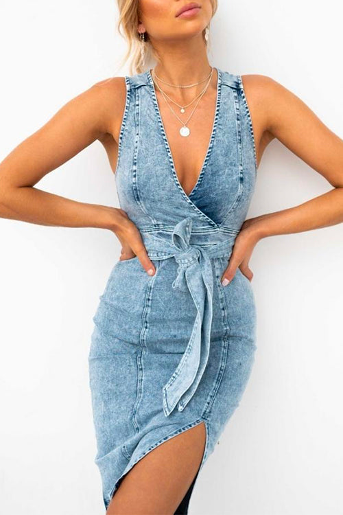 Sleeveless Wrap V Neck Knot Waist Slit Bodycon Denim Dress