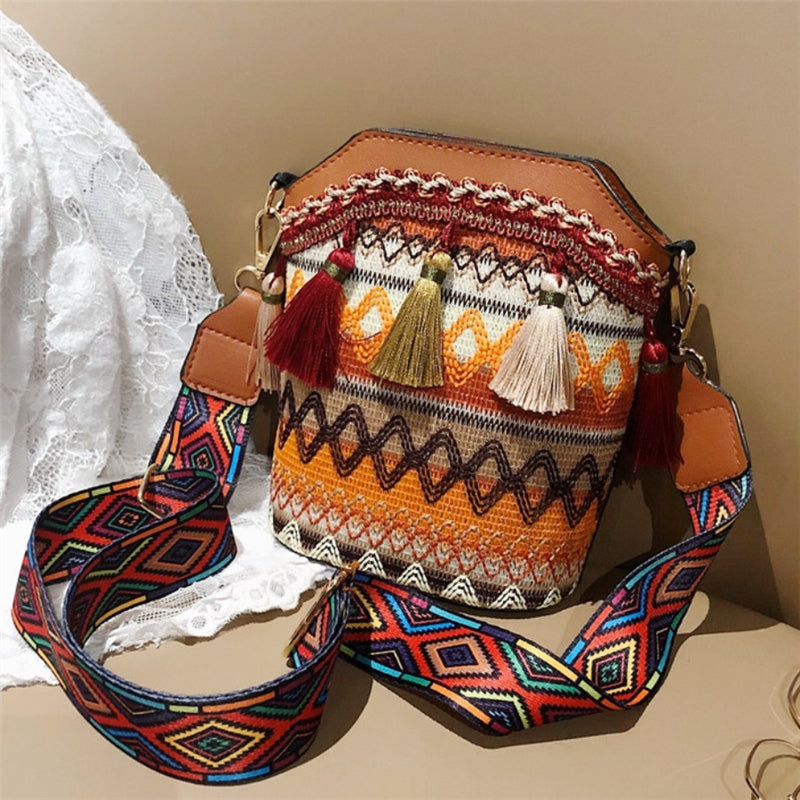 Fashion Casual Patchwork Ethnic Print Tassel Design Crossbody Bag Light Brown One Size