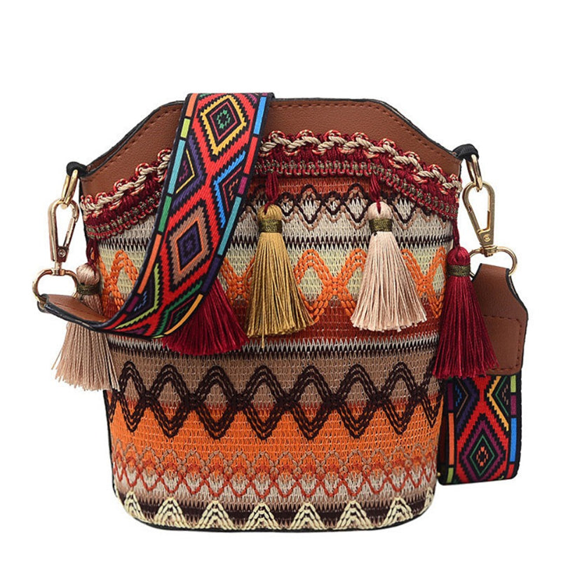 Fashion Casual Patchwork Ethnic Print Tassel Design Crossbody Bag