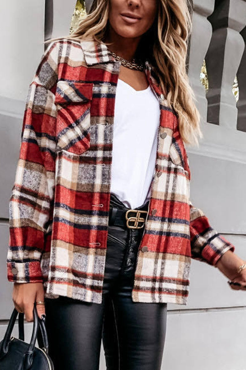 Fashion Daily Adult Plaid Cardigan Turndown Collar Blouses(3 Colors) Red