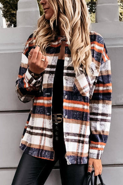 Fashion Daily Adult Plaid Cardigan Turndown Collar Blouses(3 Colors) Orange