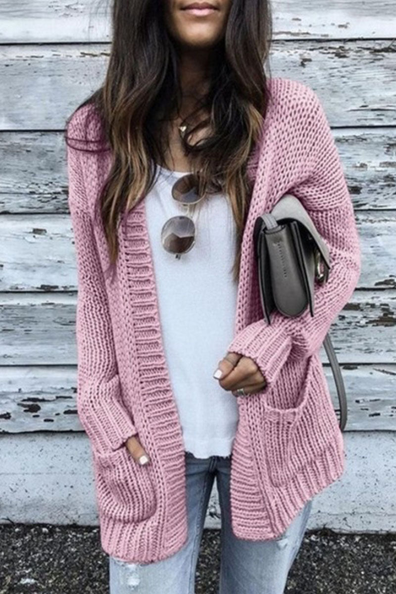 Casual Solid Cardigan Conventional Collar Sweaters (5 Colors) Pink