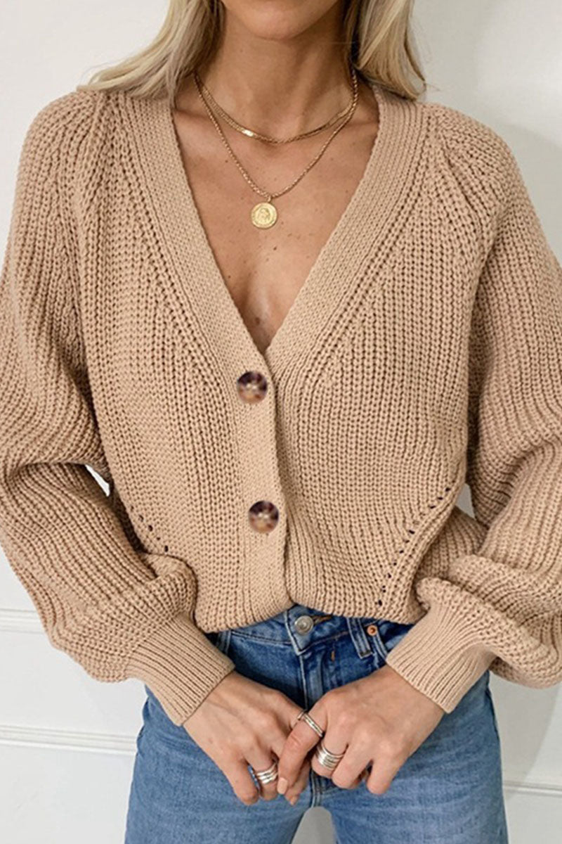 Fashion Sexy Solid Cardigan V Neck Sweaters(5 Colors) Khaki