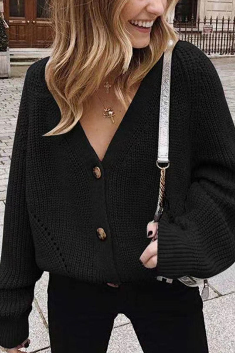 Fashion Sexy Solid Cardigan V Neck Sweaters(5 Colors) Black