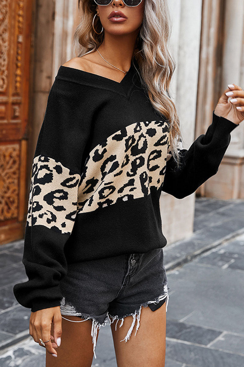 Fashion Street Leopard Patchwork V Neck Tops