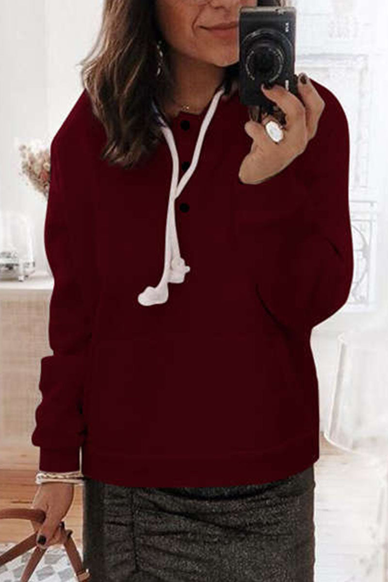 Casual Solid Patchwork Hooded Collar Tops(6 Colors) Wine Red