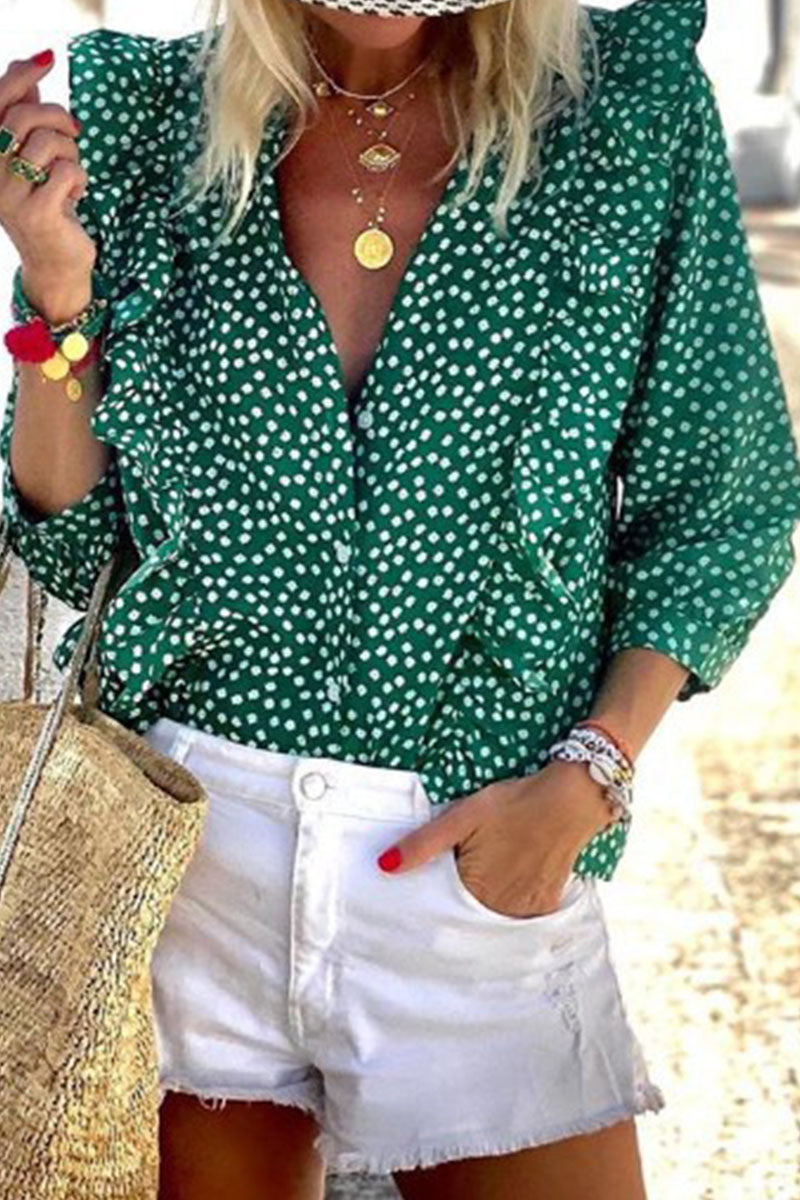 Casual Print Flounce O Neck Blouses Green