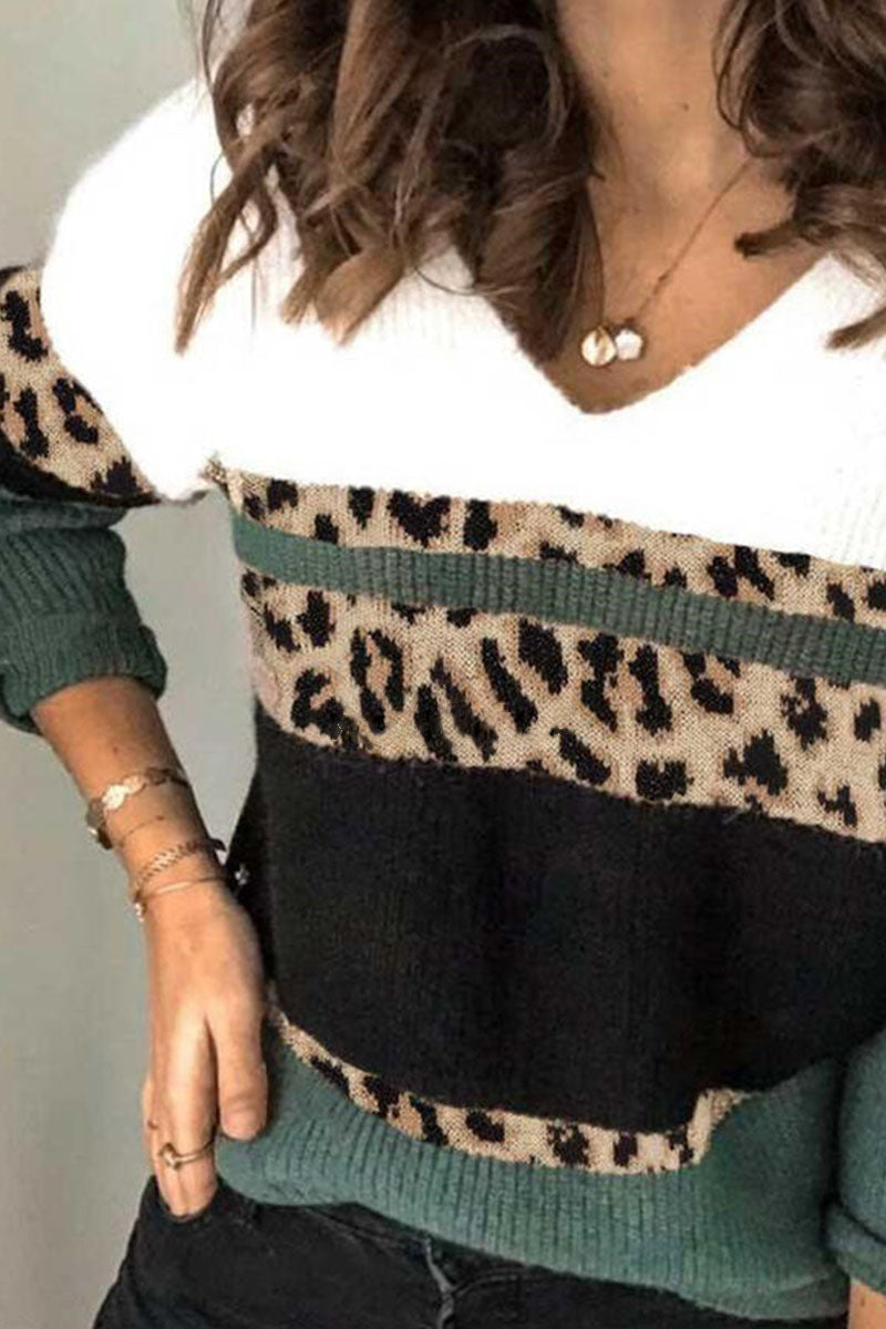 Fashion Street Leopard Patchwork V Neck Sweaters