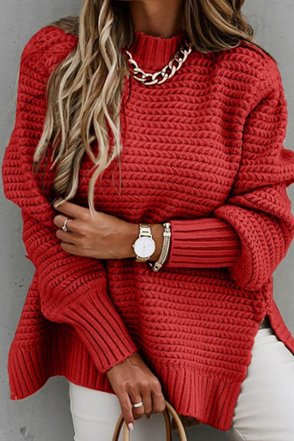 Fashion Street Solid Slit O Neck Sweaters(3 Colors) Red