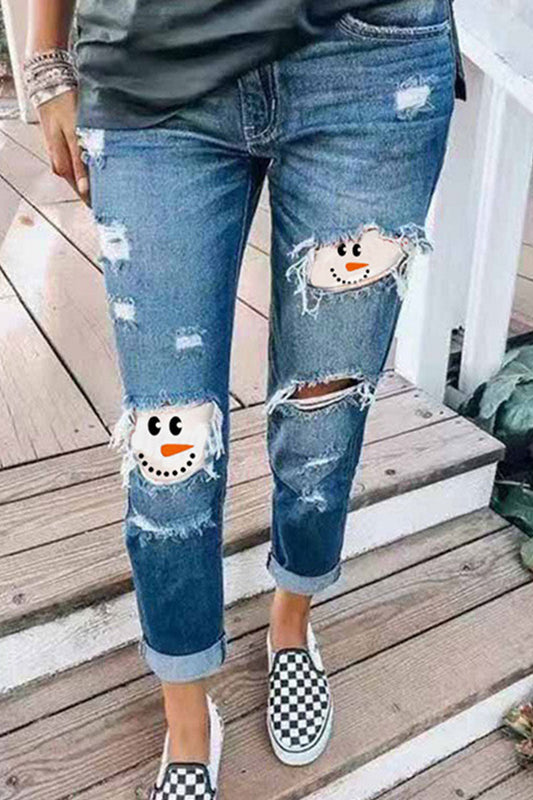 Fashion Sexy Print Ripped Patchwork Mid Waist Straight Denim Blue