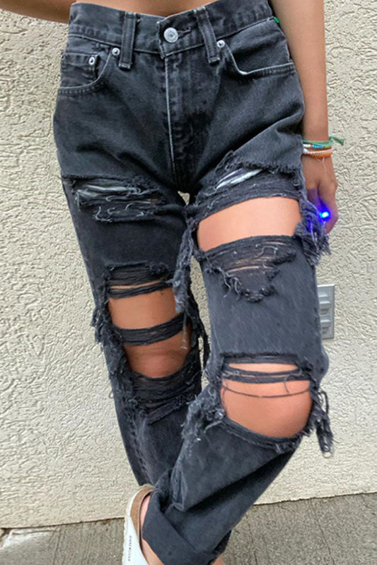 Fashion Sexy Solid Ripped Mid Waist Straight Denim Dark Gray