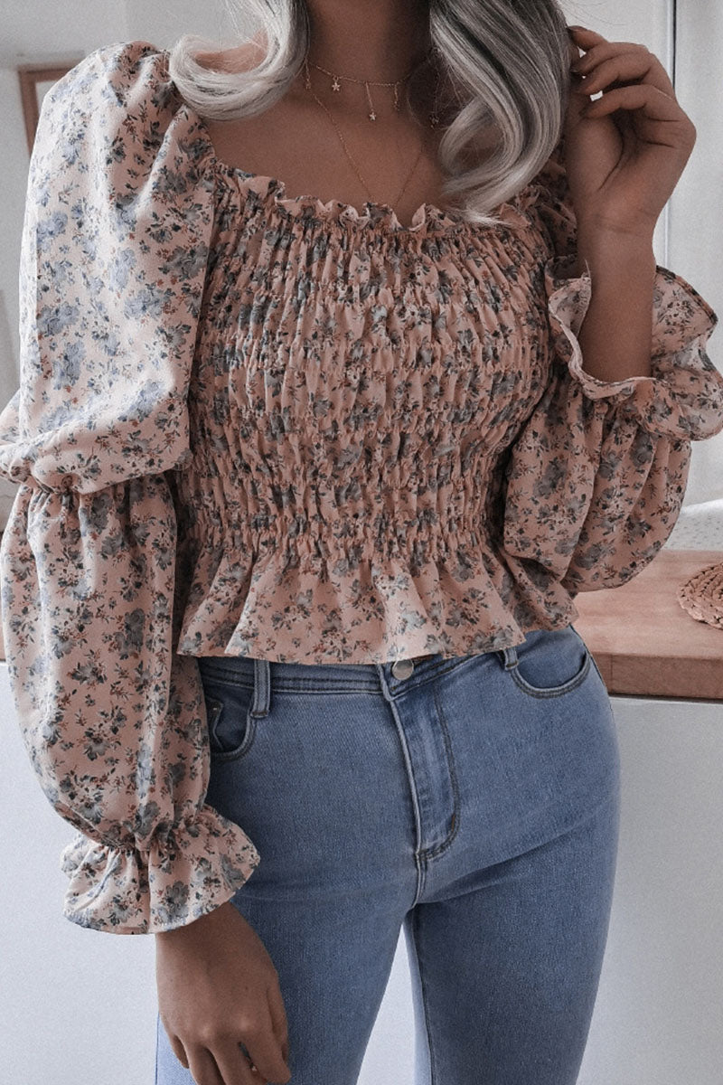 Casual Print Flounce Fold Square Collar Tops