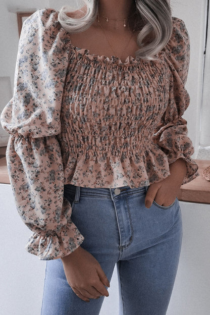 Casual Print Flounce Fold Square Collar Tops