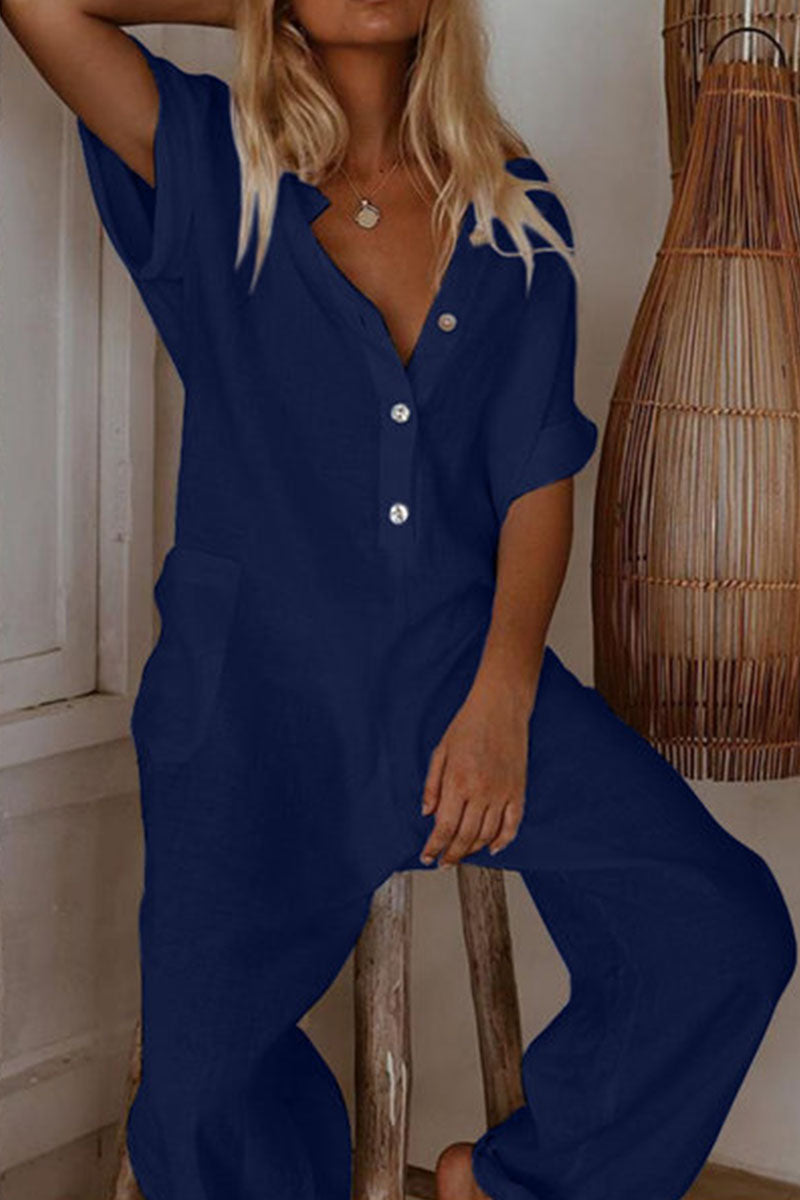 Fashion Casual Solid V Neck Loose Jumpsuits(3 Colors) Navy Blue