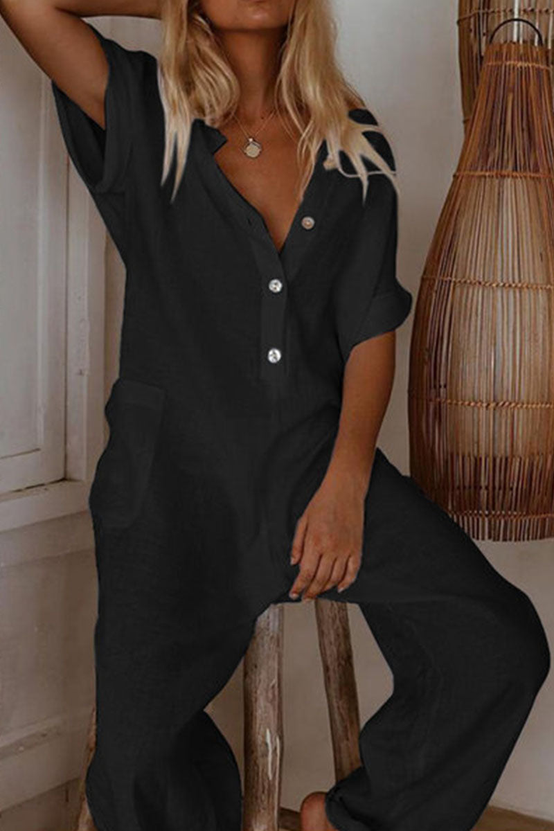 Fashion Casual Solid V Neck Loose Jumpsuits(3 Colors) Black