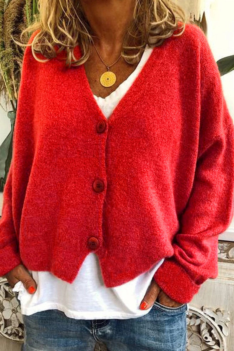 Casual Solid Patchwork V Neck Mid Waist Knit Cardigans(15 Colors) Red