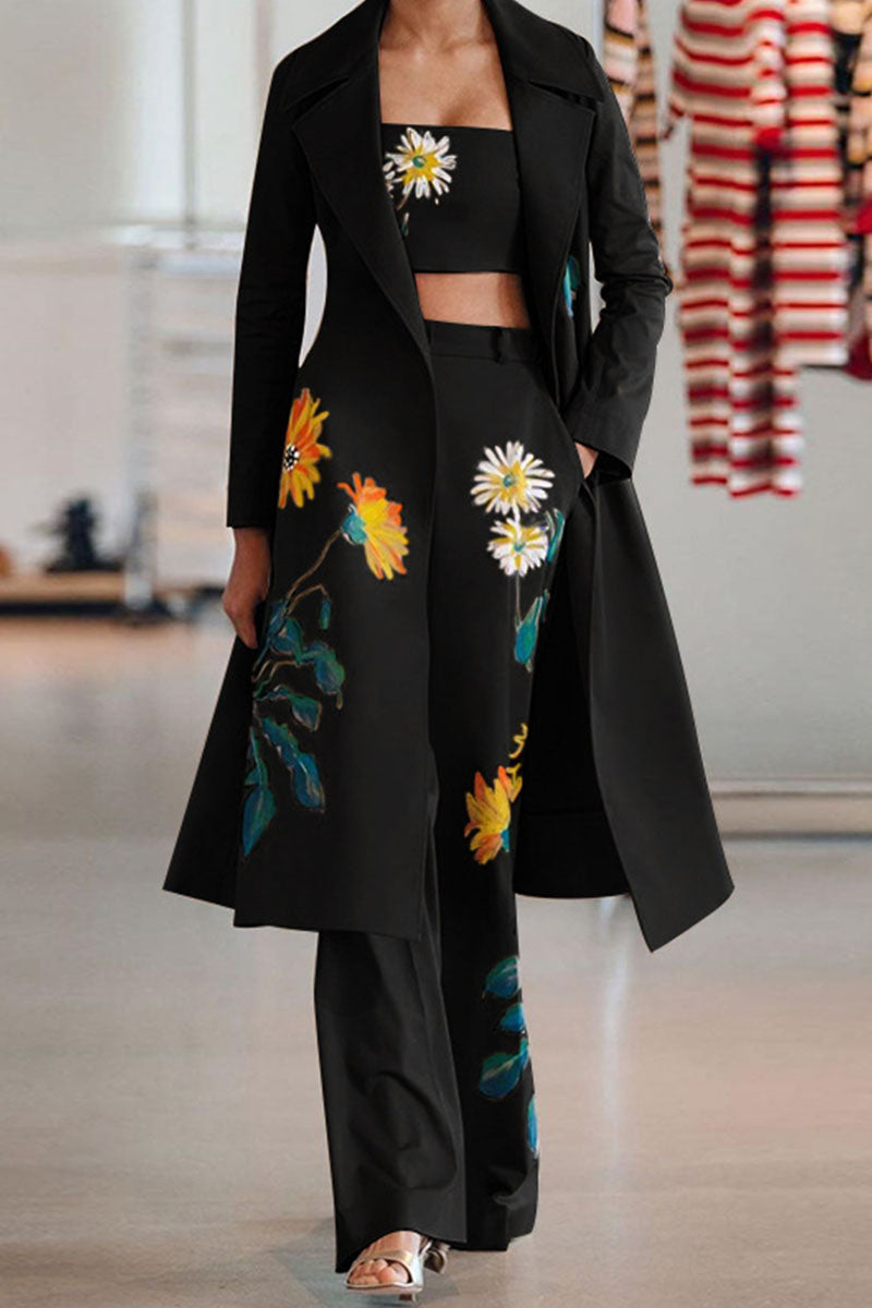 Fashion Street Print Turndown Collar Long Sleeve Three Pieces Black