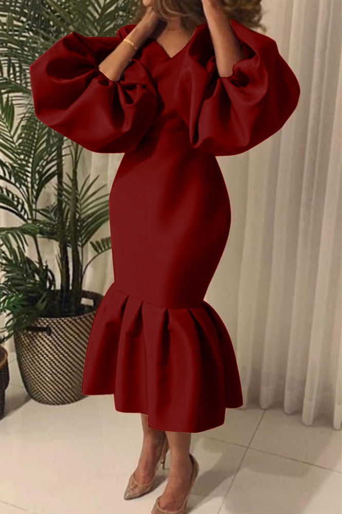 Fashion Sexy Solid Basic V Neck Evening Dress(6 Colors) Wine Red