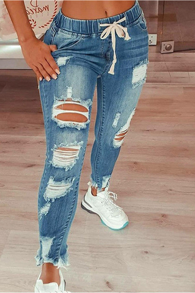 Fashion Casual Solid Ripped Mid Waist Regular Jeans Baby Blue