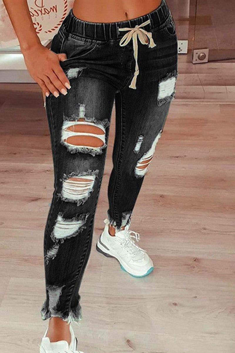 Fashion Casual Solid Ripped Mid Waist Regular Jeans Black