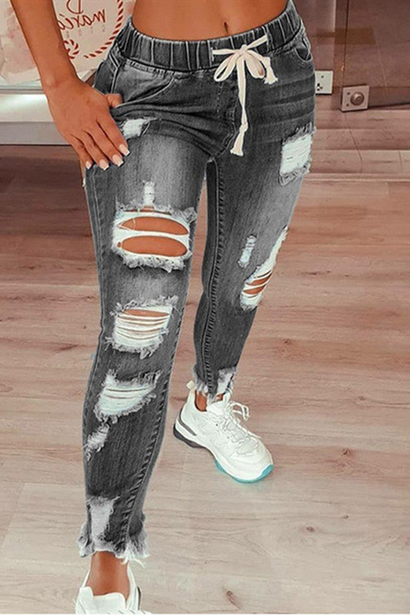 Fashion Casual Solid Ripped Mid Waist Regular Jeans Grey