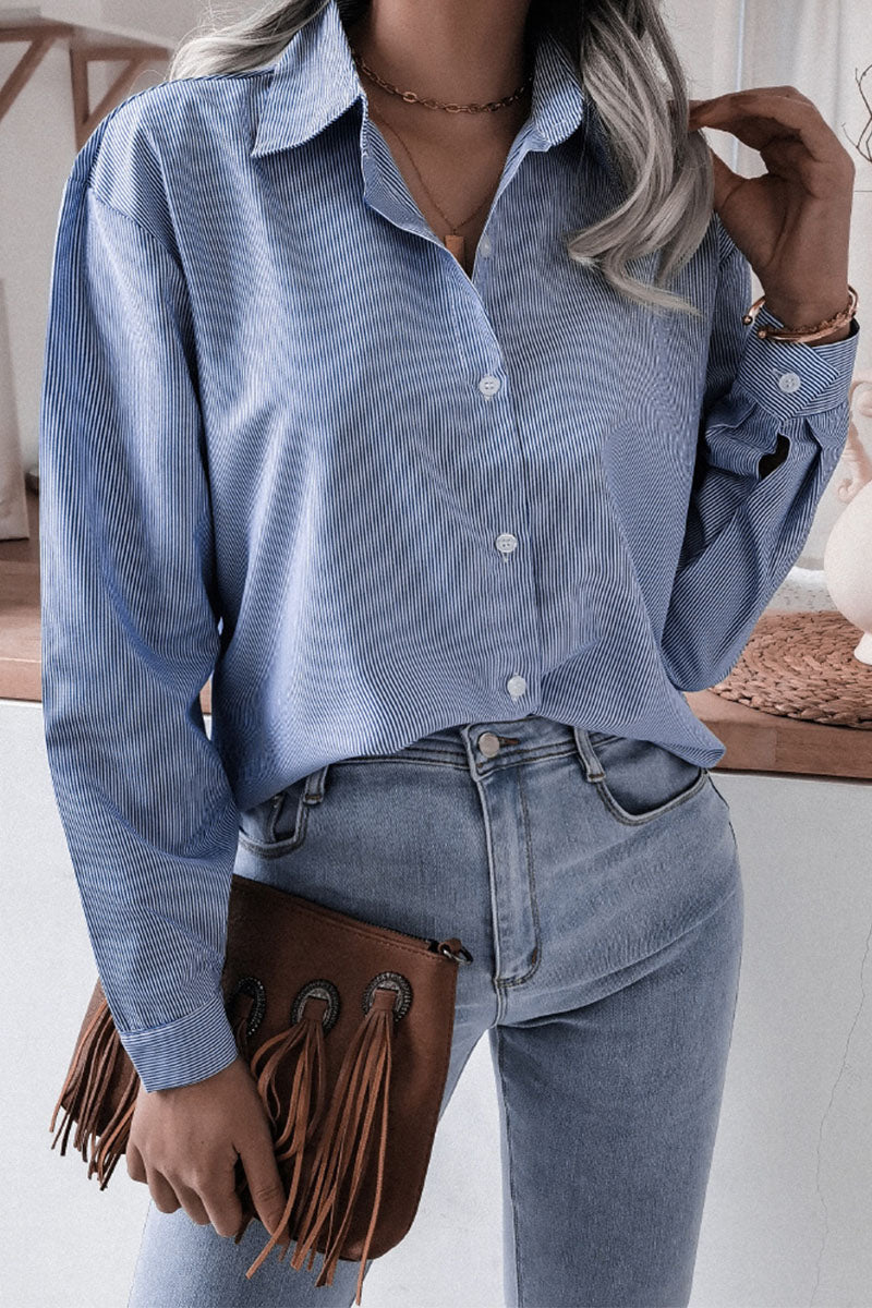 Casual Striped Solid Turndown Collar Blouses Blue