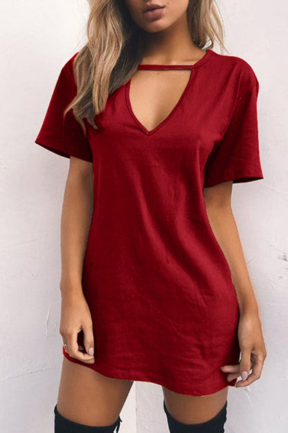 Fashion Casual Solid Patchwork V Neck A Line Dresses(11 Colors) Burgundy