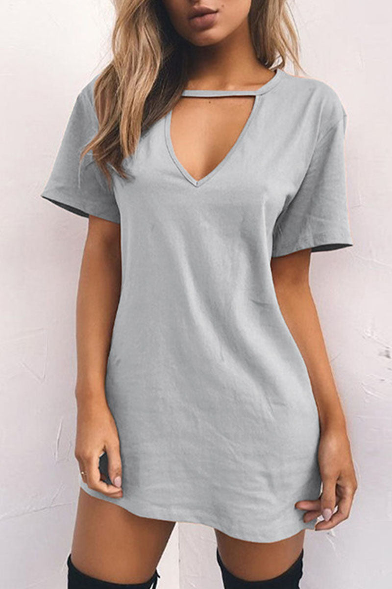 Fashion Casual Solid Patchwork V Neck A Line Dresses(11 Colors) Grey