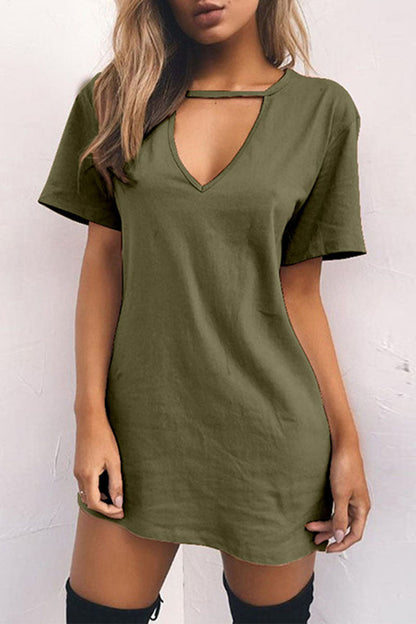 Fashion Casual Solid Patchwork V Neck A Line Dresses(11 Colors) Army Green