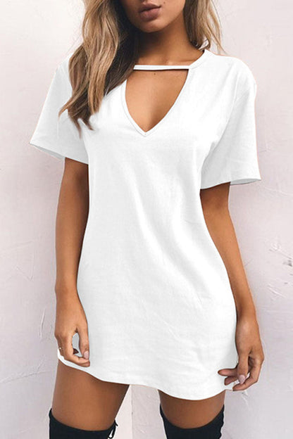 Fashion Casual Solid Patchwork V Neck A Line Dresses(11 Colors) White