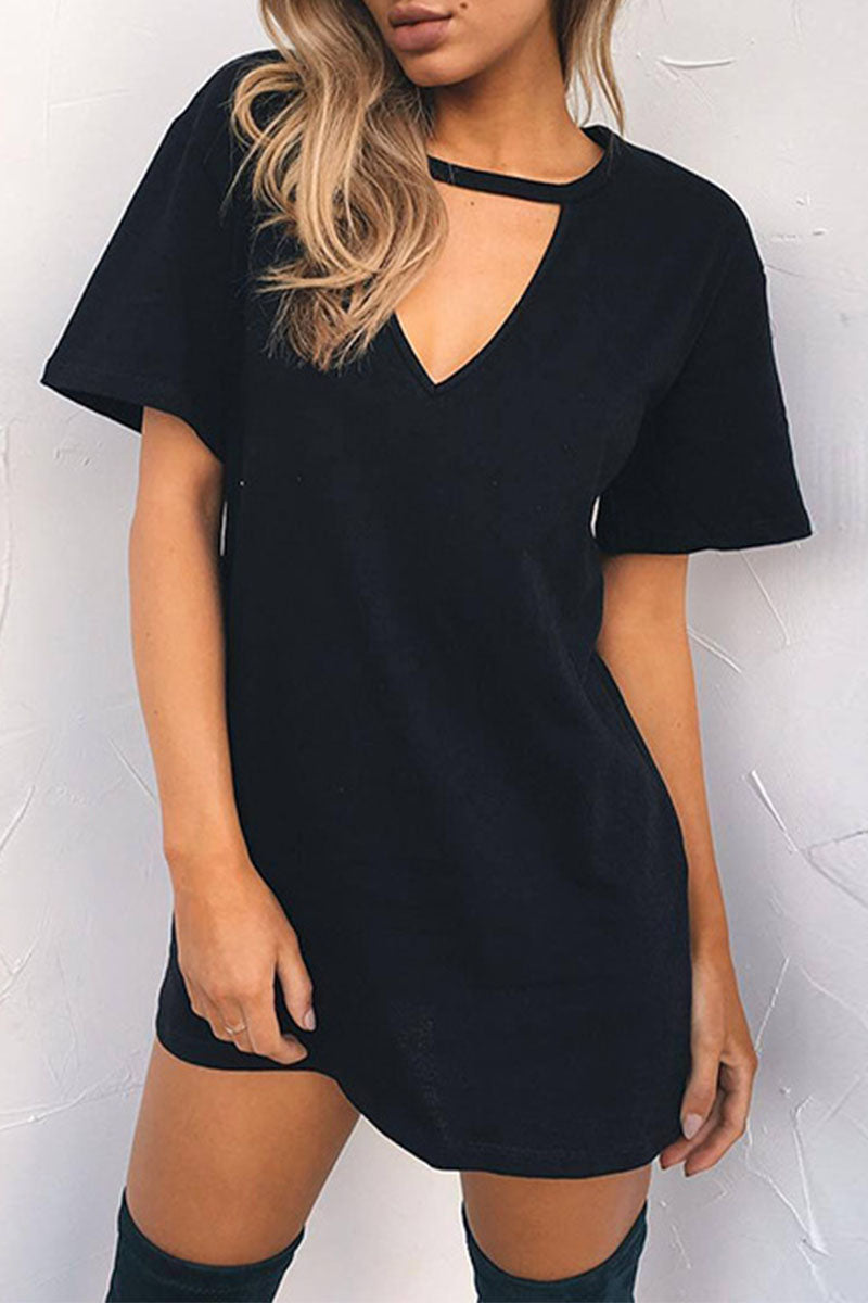 Fashion Casual Solid Patchwork V Neck A Line Dresses(11 Colors) Black