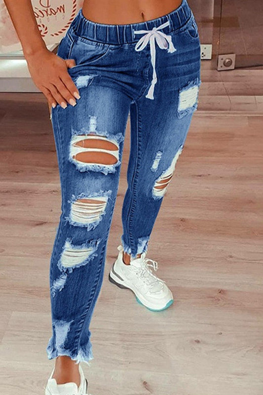 Fashion Casual Solid Ripped Mid Waist Regular Jeans Dark Blue