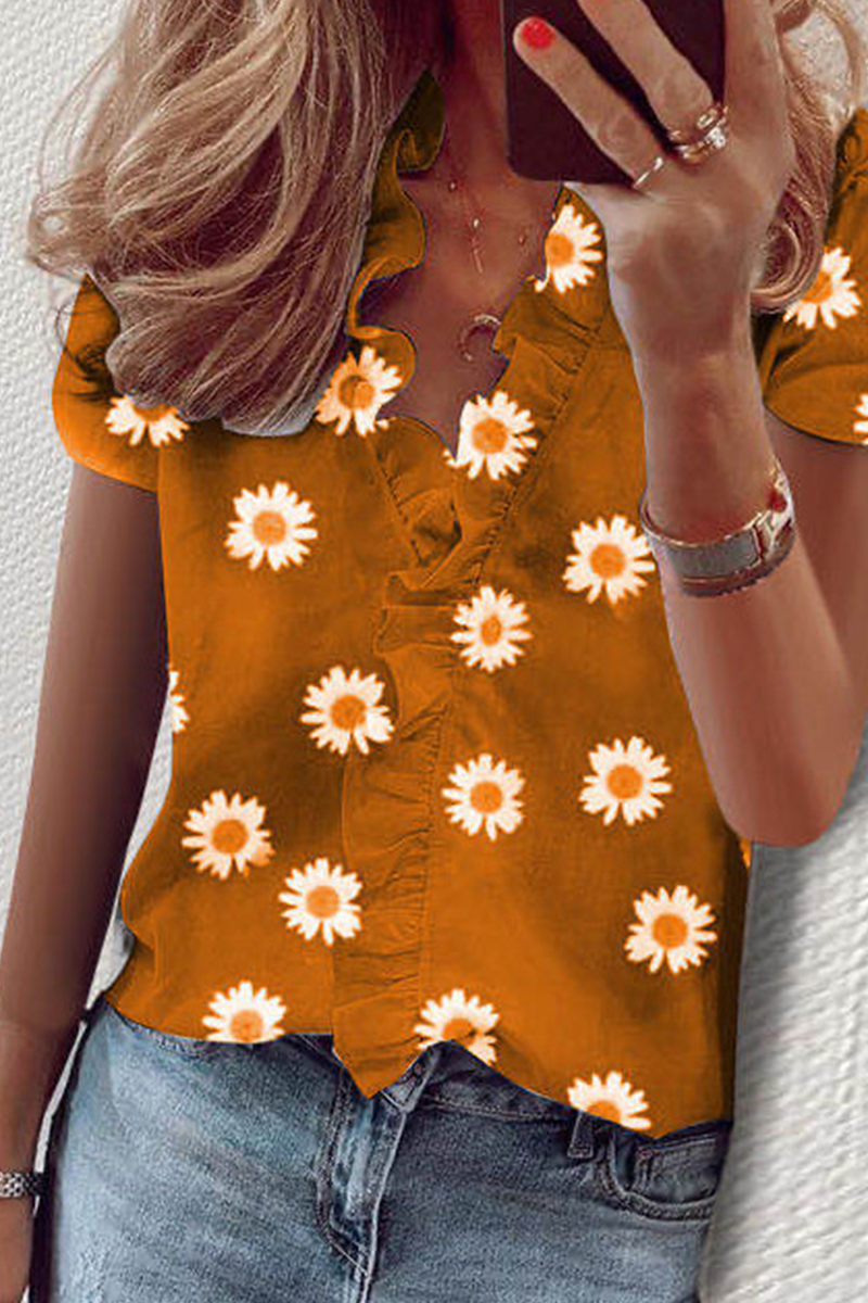 Daily Print Flounce V Neck Blouses(10 Colors) Camel