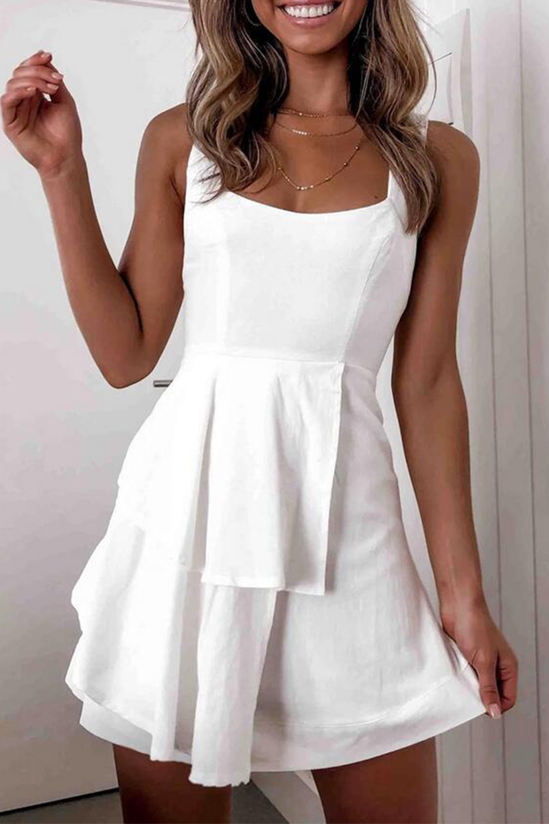 Casual Solid Bandage Cake Skirt Dresses White