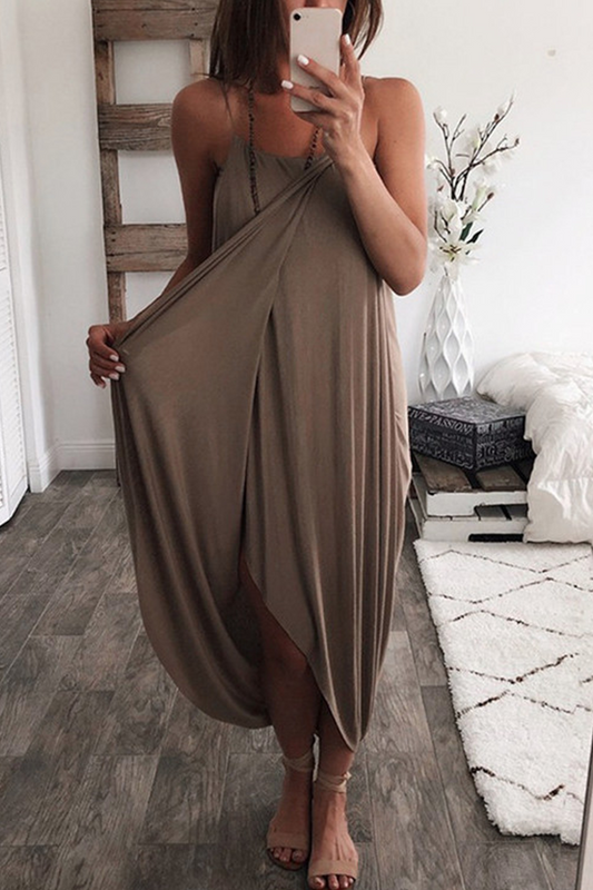 Sexy Solid Patchwork Spaghetti Strap Irregular Dress Dresses(5 Colors) Coffee