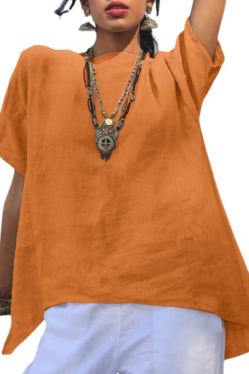 Casual Solid Patchwork Basic O Neck Tops(5 Colors) Orange