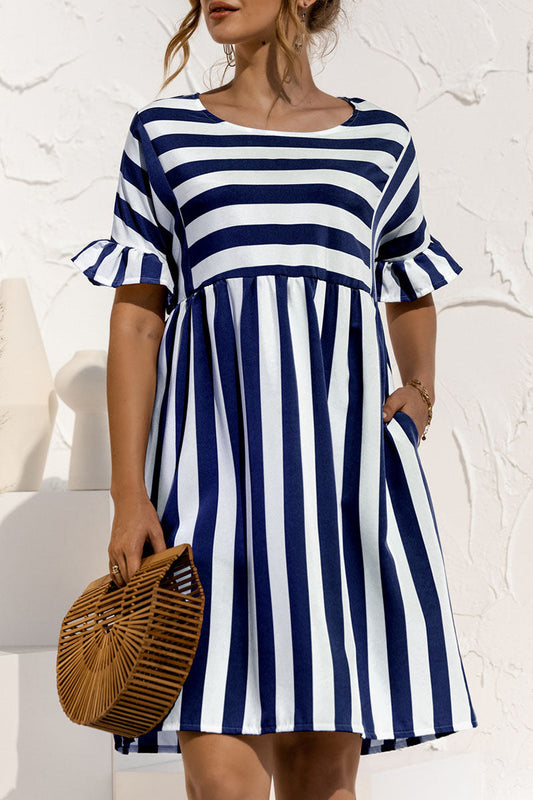 Fashion Casual Striped Patchwork O Neck A Line Dresses(4 Colors) Navy Blue