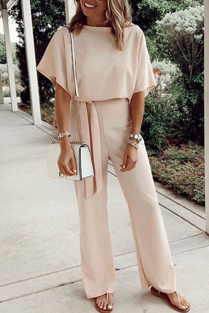 Casual Solid Frenulum O Neck Loose Jumpsuits(7 Colors) Apricot