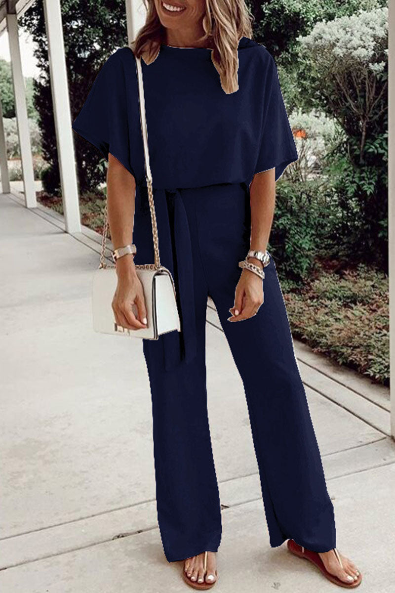 Casual Solid Frenulum O Neck Loose Jumpsuits(7 Colors) Navy Blue