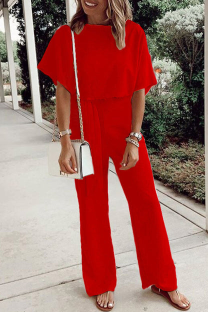 Casual Solid Frenulum O Neck Loose Jumpsuits(7 Colors) Red