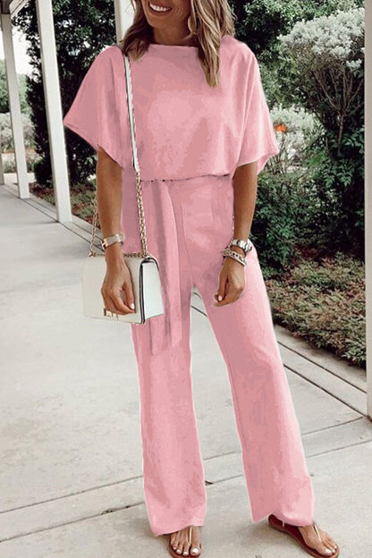 Casual Solid Frenulum O Neck Loose Jumpsuits(7 Colors) Pink