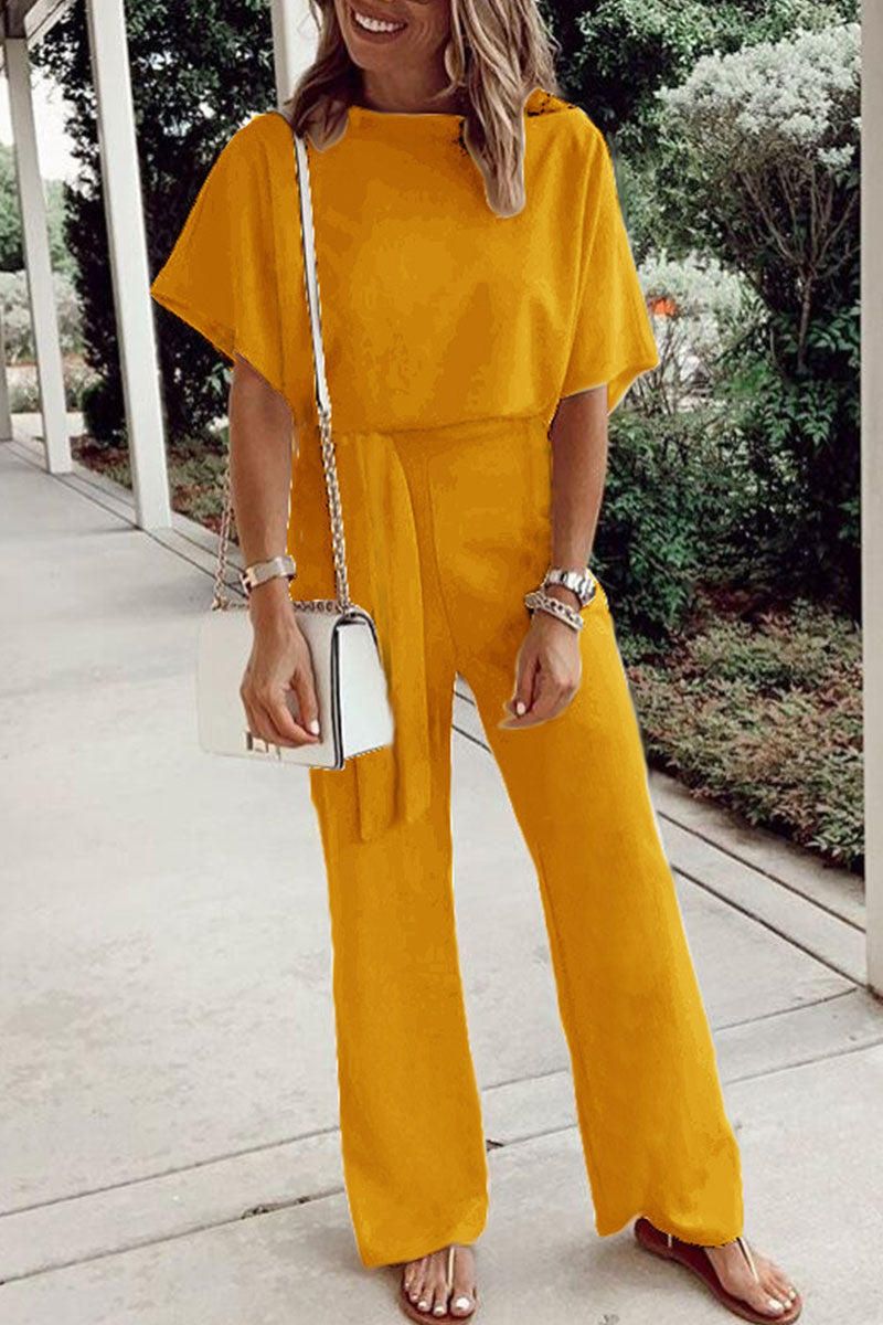 Casual Solid Frenulum O Neck Loose Jumpsuits(7 Colors) Yellow