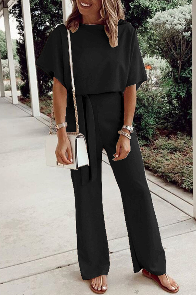 Casual Solid Frenulum O Neck Loose Jumpsuits(7 Colors) Black