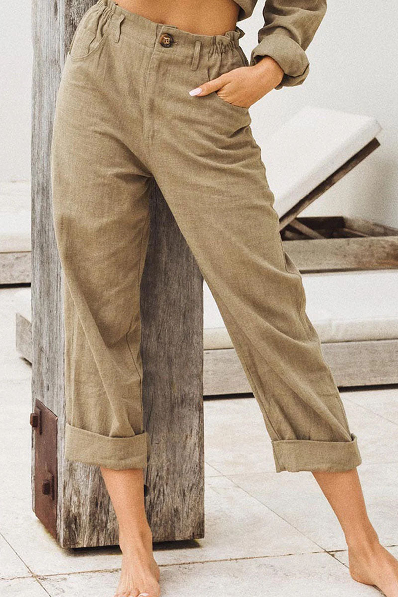 Casual Solid Patchwork Loose High Waist Straight Bottoms(4 Colors) Khaki