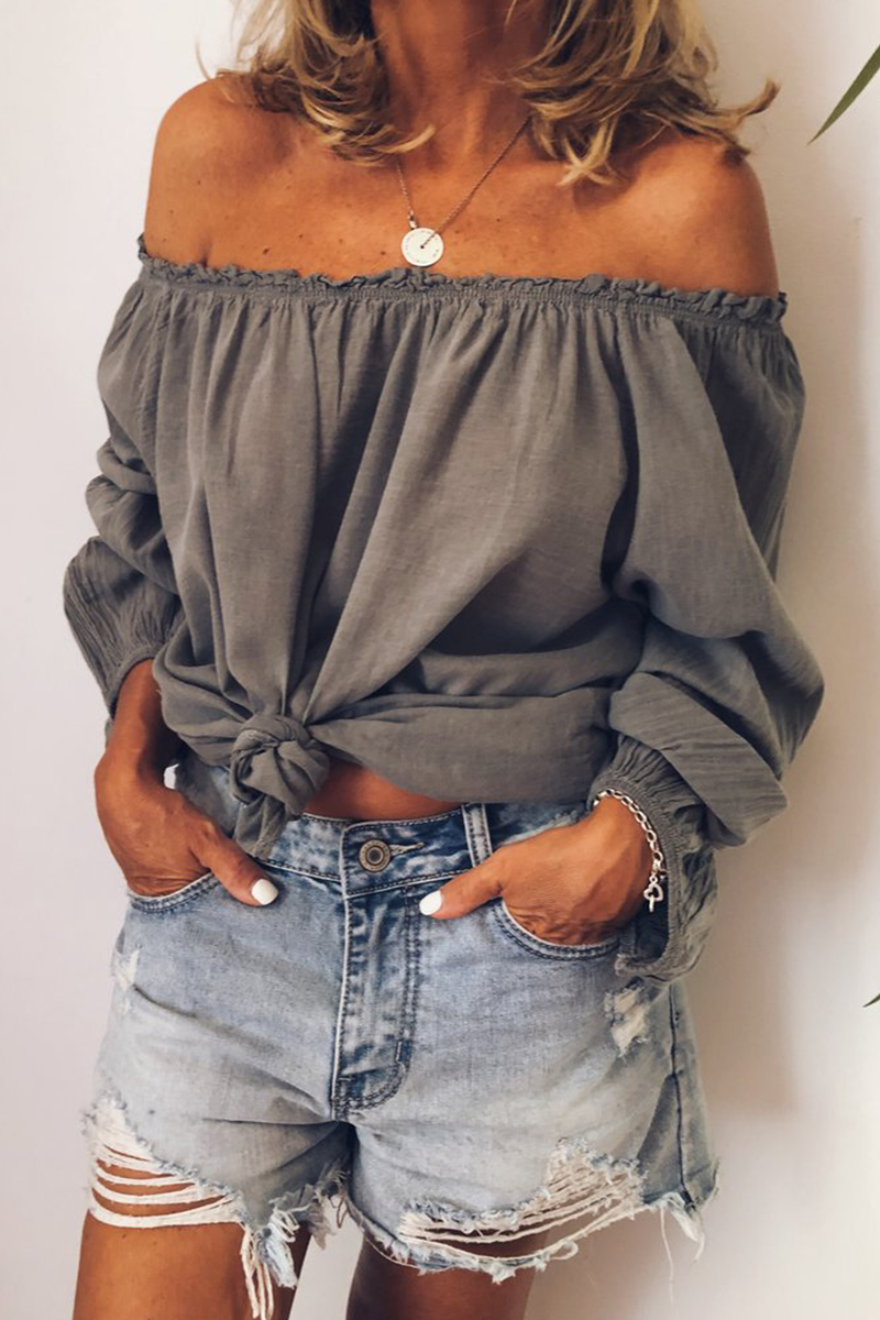 Casual Solid Stringy Selvedge Off the Shoulder Tops(3 Colors) Grey