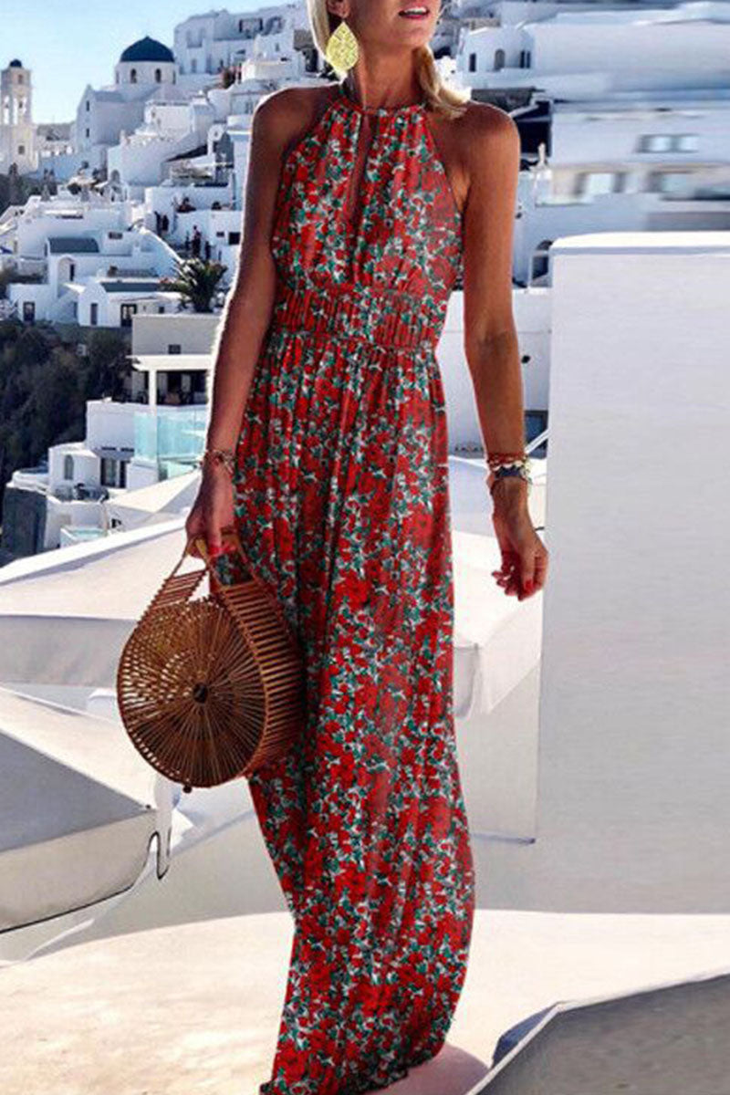 Fashion Bohemian Print Patchwork Halter Pleated Dresses(4 Colors) Red