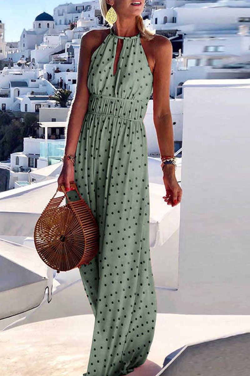 Fashion Bohemian Print Patchwork Halter Pleated Dresses(4 Colors) Light Green